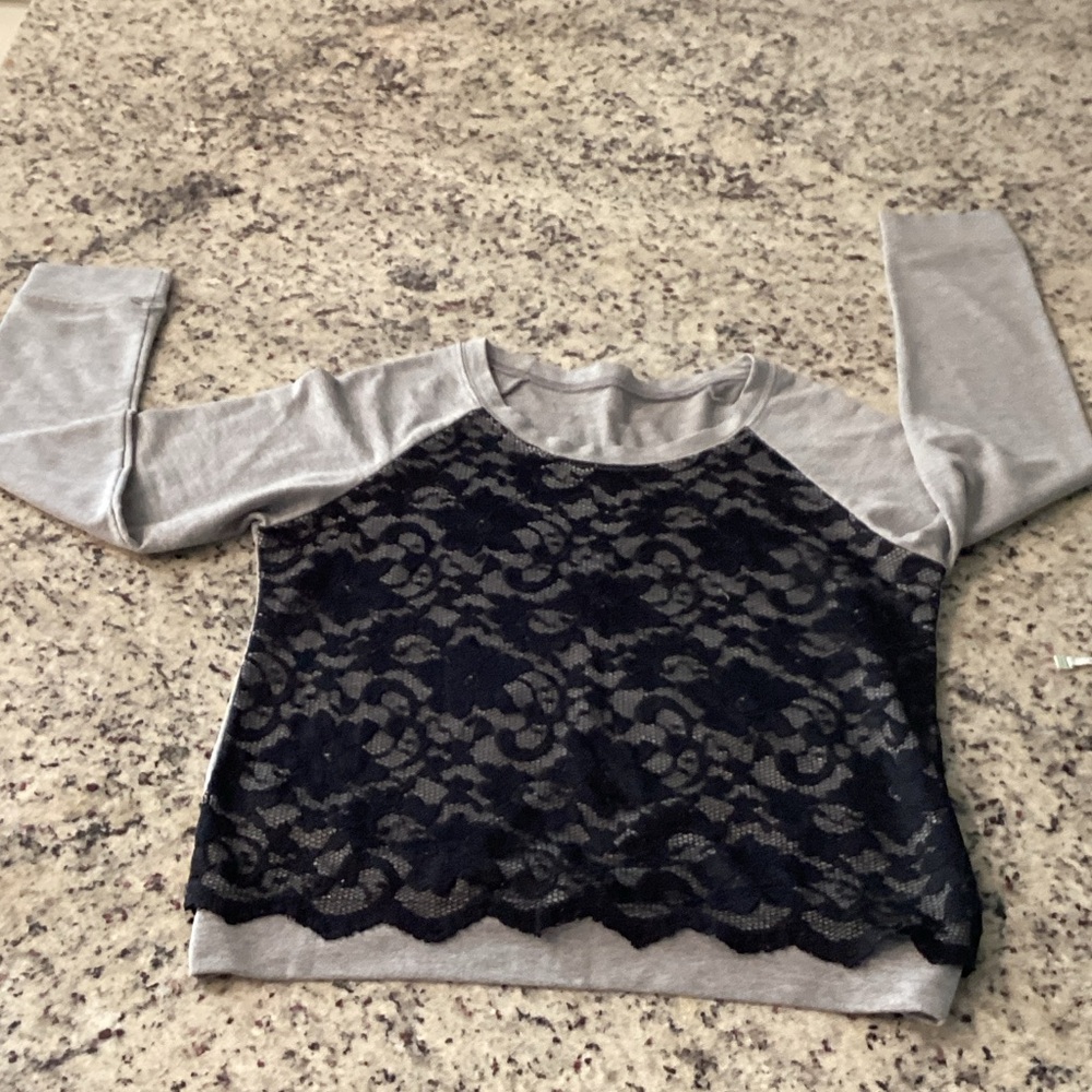 Gray Raglan Sweatshirt with Black Lace Front